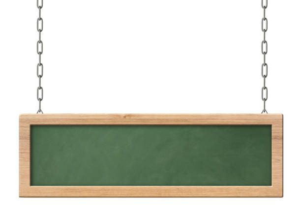 istock Oblong green blackboard with bright wooden frame hanging on chains 1153748690