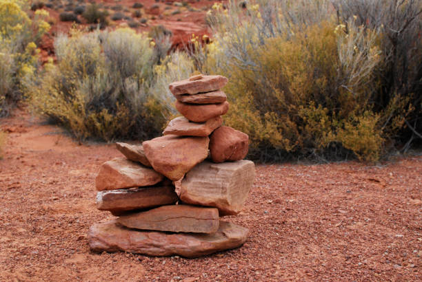 Pyramid of red stones, cairn, landscape details in Utah, USA
