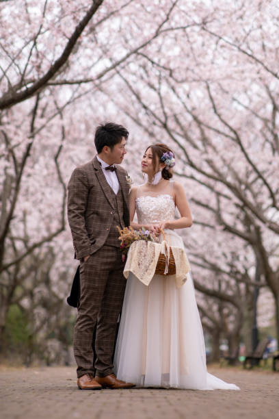 istock Happy bride and groom looking at each other under cherry blossoms 1153751240
