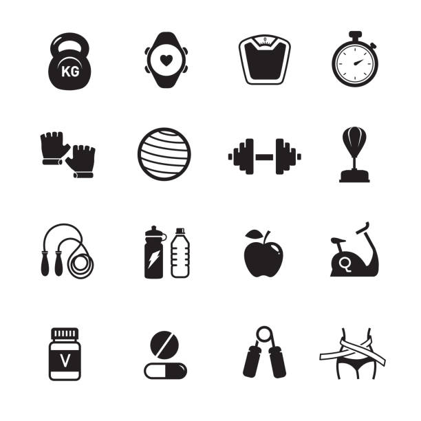 illustrazioni stock, clip art, cartoni animati e icone di tendenza di icone per la salute del fitness - exercise equipment