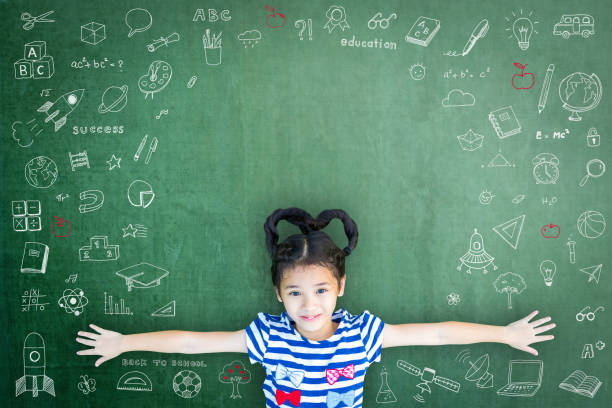 istock Smart educated school kid student with doodle on chalkboard  for children's education success and scholarship concept 1153752351