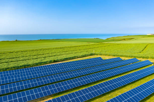 Fields of solar panels and linen by the sea stock photo