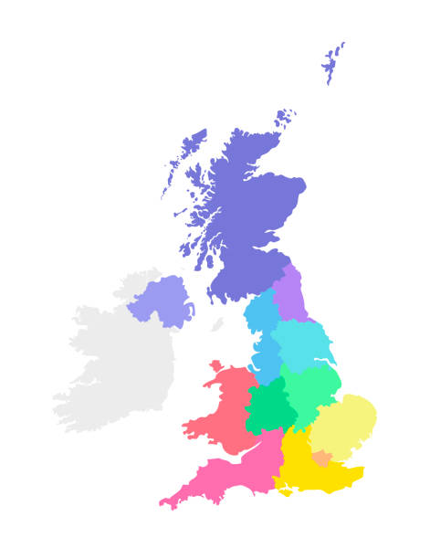 ilustraciones, imágenes clip art, dibujos animados e iconos de stock de vector de ilustración aislada del mapa administrativo simplificado del reino unido de gran bretaña e irlanda del norte. fronteras de las regiones. siluetas multicolor - east midlands illustrations