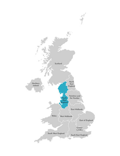 illustrations, cliparts, dessins animés et icônes de illustration vectorielle isolée de la carte administrative simplifiée du royaume-uni (royaume-uni). forme bleue du nord-ouest de l’angleterre. frontières et noms des régions. silhouettes grises. contour blanc - uk map regions england