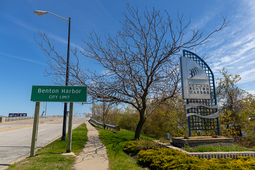 Benton Harbor, Michigan, USA - May 4, 2019: The City Limit sign as seen from St Joseph.