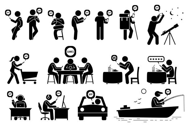 People using smartphone app for various activities. Vector depict use of mobile app for star gazing, shopping, multiplayer mobile games, rating reviews, Internet, GPS routing, and fishing. restaurant outside pictures stock illustrations