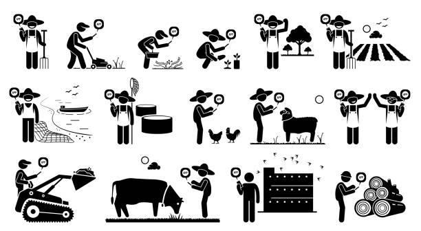 Workers from agriculture industry using mobile app technology with their smart phone. Vector artwork depicts, farmer, fisherman, gardener, swiftlet owner, and logger holding a smart phone for work. farmer icons stock illustrations