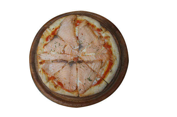 Smoked salmon pizza on white background