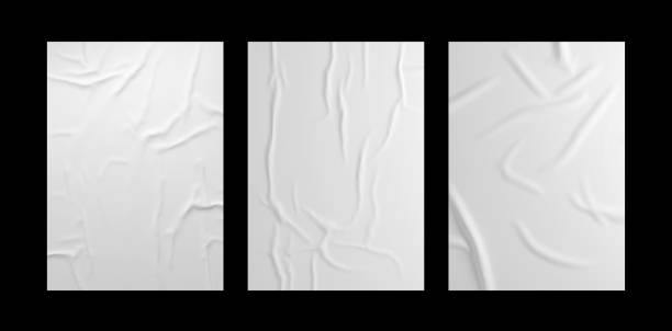 白いしわのポスターテンプレートセット。孤立接着紙のモックアップ。 - textile folded white nobody ストックフォトと画像