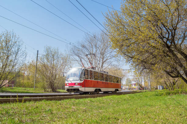 istock Red tram in motion in Nizhny Novgorod 1153763947