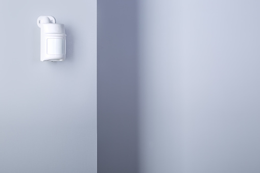Motion sensor for security system mounted on wall.