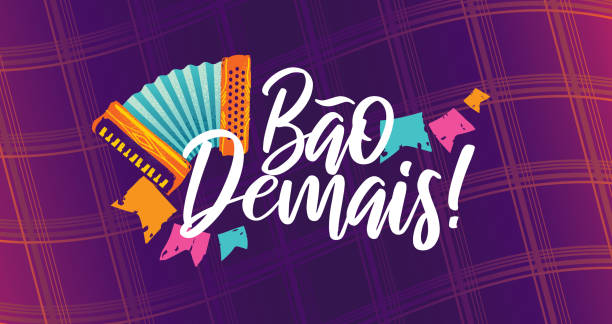 ilustraciones, imágenes clip art, dibujos animados e iconos de stock de festa junina cultura brasileña layout vector con tipografía en portugués - acordeon