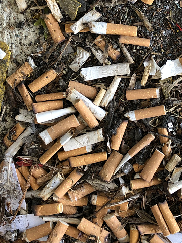Stock photo of cigarette butts recently smoked and stubbed out on dirty floor and stood on by foot, with litter, anti smoking photo in pub garden after drinking beer at barbecue party.