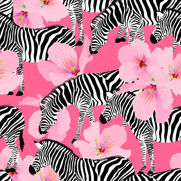 Vector illustration of Zebra and cherry blossom background, seamless pattern.