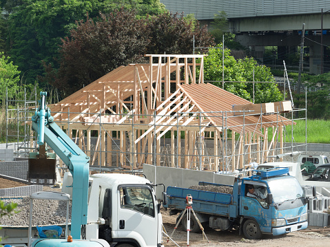 Construction site of wooden building