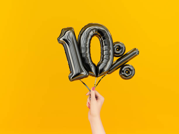 Ten percent symbol discount. 10 % sale banner Ten percent symbol discount. 10 % sale banner black flying foil balloons on yellow. 3d rendering. 10 balloon stock pictures, royalty-free photos & images