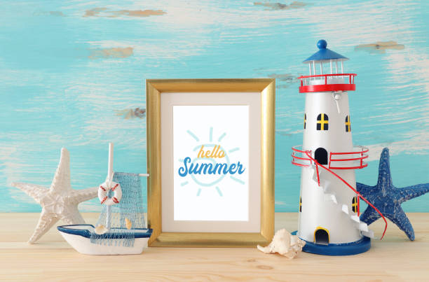 istock Nautical concept with sea life style objects on wooden table 1153781810