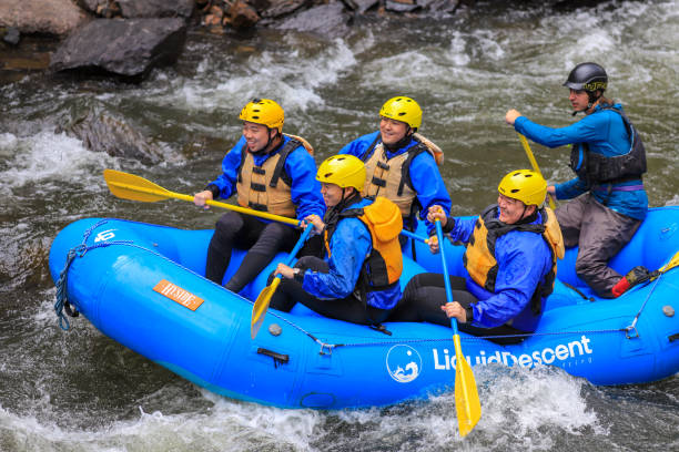 wildwasser-rafting mit geführtem outfitter colorado - rafting white water rafting rapid river stock-fotos und bilder