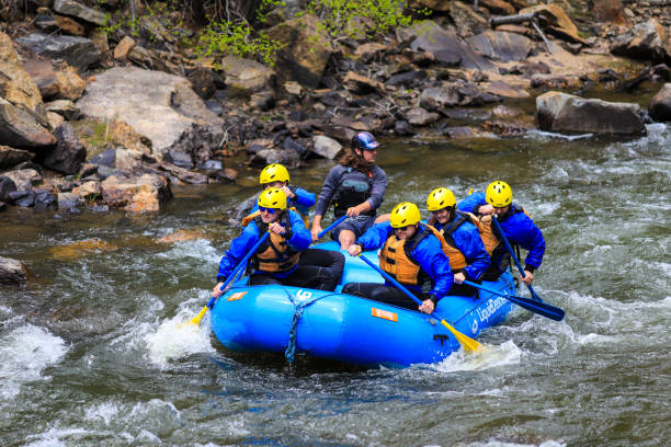 rafting en aguas bravas con un outfitter guiado colorado - rafting white water rafting colorado water fotografías e imágenes de stock