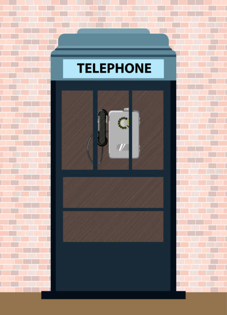 graue telefonzelle auf einem backsteinwandhintergrund. vektorabbildung - telephone cabin london england telephone booth stock-grafiken, -clipart, -cartoons und -symbole