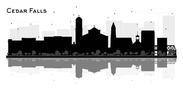 ilustraciones, imágenes clip art, dibujos animados e iconos de stock de silueta de cedar falls iowa city skyline con edificios negros y reflejos aislados en blanco. - cedar falls iowa