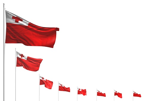 wonderful labor day flag 3d illustration\n - many Tonga flags placed diagonal isolated on white with place for your content