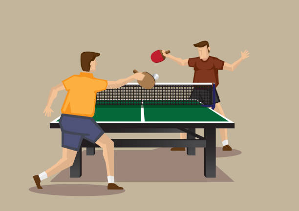 Table Tennis Game In Action Vector Cartoon Illustration Series Two players playing table tennis with ping pong ball and table tennis racquets. Vector illustration of  table tennis game viewed from one end of table tennis table isolated on plain background. ping pong table stock illustrations