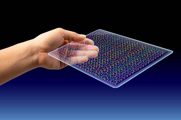 mano umana con wafer di dna e codice rna e microarray - microarray foto e immagini stock