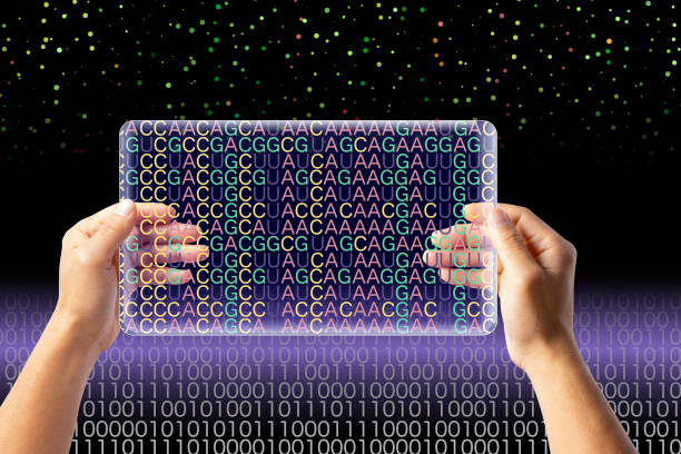codice rna riflesso nelle mani e monitor della persona che tiene la compressa.e microarray - microarray foto e immagini stock