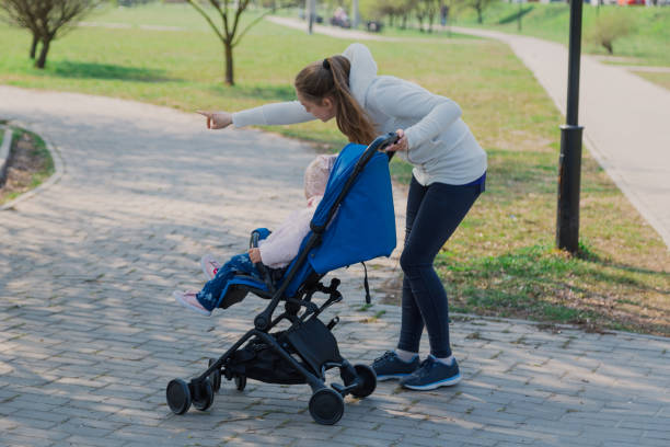 istock Young mother with a baby in a stroller in a summer park 1153793913