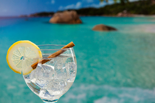Close-up giin tonic  with lemon slice and cinnamon stick on  beach backdrop