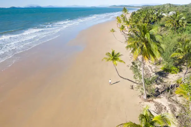 Photo of Aerial top view of beach with white sand, beautiful palm trees and warm turquoise tropical water