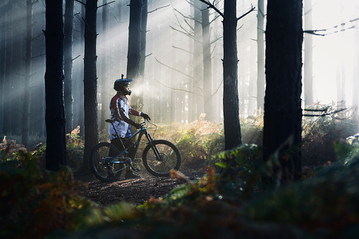 A male mountain biker standing in a forest with golden light and a sunshine of light. Holding her bicycle and looking like a sunrise. Dramatic photo on mountain biker.