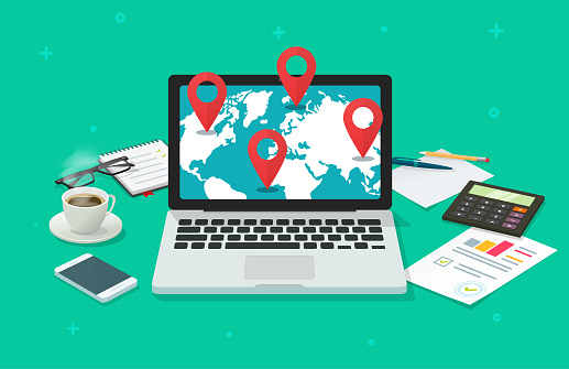 Global international destination or navigation online analysis vector illustration, flat cartoon laptop computer world map and pin pointers, global gps locations or logistic routines research