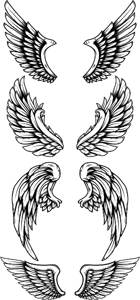 Set of eagle wings in tattoo style. Design element for label, sign, poster, card, t shirt. Vector illustration
