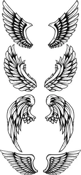 Vector illustration of Set of eagle wings in tattoo style. Design element for label, sign, poster, card, t shirt. Vector illustration