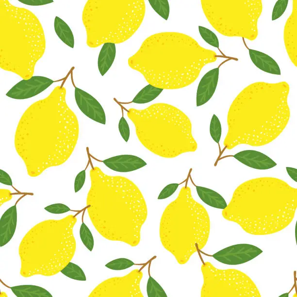 Vector illustration of Lemons and leaves background. Tropical vector seamless pattern.