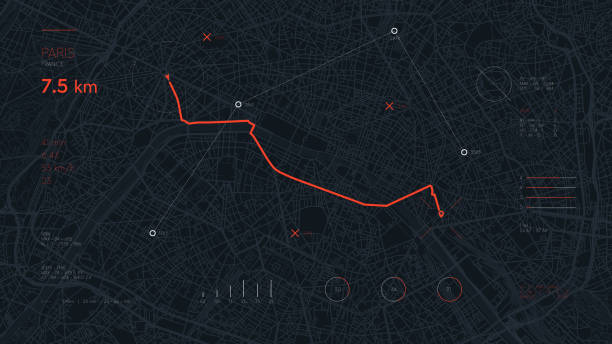 navigieren sie gerät armaturenbrett gps-tracking-karte, futuristic mapping-technologie-route des zielpunktes und lage auf den straßen der stadt paris - global positioning system direction satellite map stock-grafiken, -clipart, -cartoons und -symbole