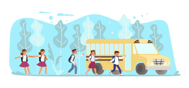 School children go to the schoolbus Back to school horizontal banner. School children go to the schoolbus. Flat Art Vector illustration school bus stop stock illustrations