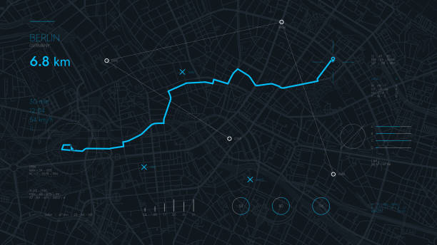 ilustrações de stock, clip art, desenhos animados e ícones de futuristic route dashboard gps tracking map, navigate mapping technology and locate position pin on the streets of the city berlin - city of tool