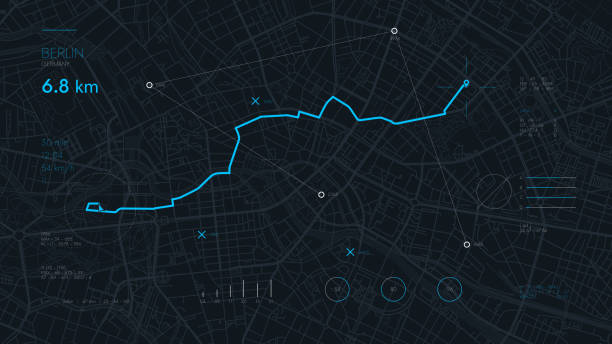 Futuristic route dashboard GPS tracking map, navigate mapping technology and locate position pin on the streets of the city Berlin Futuristic route dashboard GPS tracking map, navigate mapping technology and locate position pin on the streets of the city Berlin, high tech vector background crossroad illustrations stock illustrations