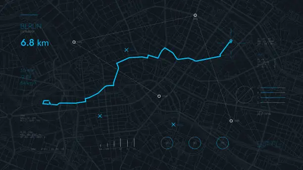 Vector illustration of Futuristic route dashboard GPS tracking map, navigate mapping technology and locate position pin on the streets of the city Berlin
