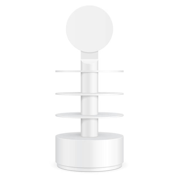 istock Round Cardboard Floor Display Rack For Supermarket Blank Empty With Shelves. Illustration Isolated On White Background. Ready For Your Design. Product Advertising. Vector EPS10 1153802358