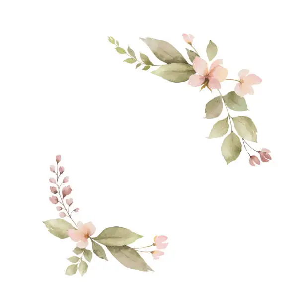 Vector illustration of Watercolor wreath with leaves and flowers isolated on white background.