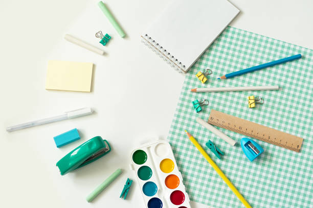 istock School stationery and objects on a white background with space for text. Back to school concept 1153805715