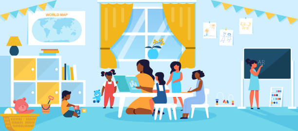 Kids Spending Time in Kindergarten or Preschool Kids Spending Time in Kindergarten or Preschool having Lesson with Young Teacher or Nanny Reading Book to Children, Sitting at Table in Bright Room, Education, Lesson Cartoon Flat Vector Illustration. kids classroomv stock illustrations