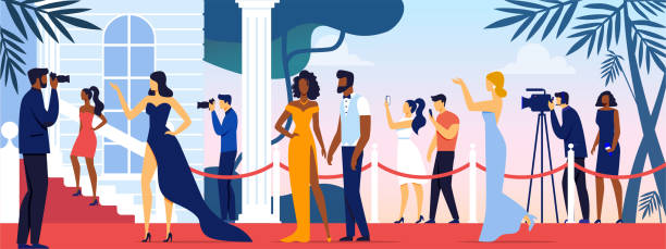 Celebrities Walking along Red Carpet, Stars Show Celebrities Walking along Red Carpet, Posing to Paparazzi and Fan Photographing on Camera and Smartphones. Movie Festival, Party for Famous People, Fashion Stars Show Cartoon Flat Vector Illustration. paparazzi photographer illustrations stock illustrations