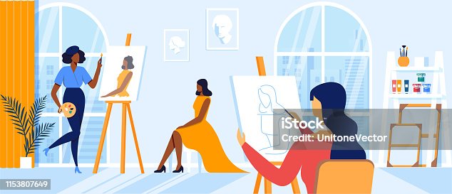istock Women Artists Drawing on Canvas during Art Class 1153807649