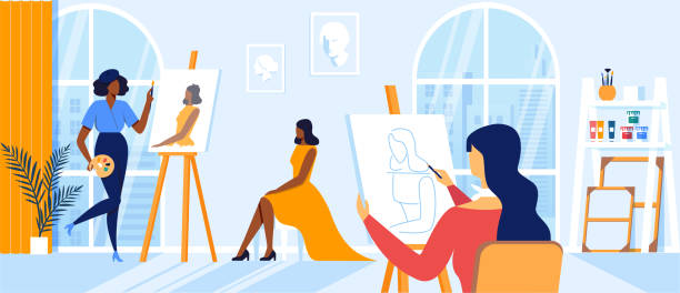 Women Artists Drawing on Canvas during Art Class Young Women Painting Girl Model Sitting on Chair Posing for Creative Workshop in Large Classroom. Artists Characters Drawing on Canvas at Easel during Art Class Hobby, Cartoon Flat Vector Illustration painter stock illustrations