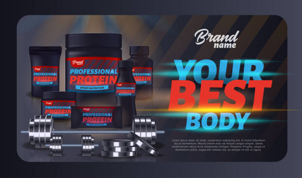 Whey Protein Best Body. Product Packaging Design Sport Nutrition Product Containers Ad Banner. Whey Protein for Best Body. Product Packaging Design, Bodybuilding Food Supplement, Weight Gainer Set, Dumbbell, Barbell. 3d Vector Realistic Illustration protein powder bottle stock illustrations